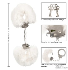 Esposas grandes de peluche color blanco, incluyen dos llaves y un mecanismo de liberación