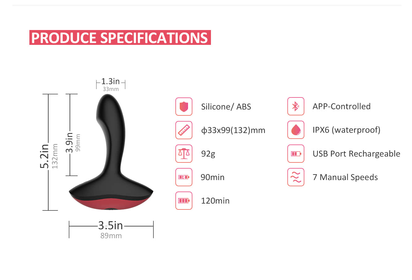 Especificaciones de vibrador anal